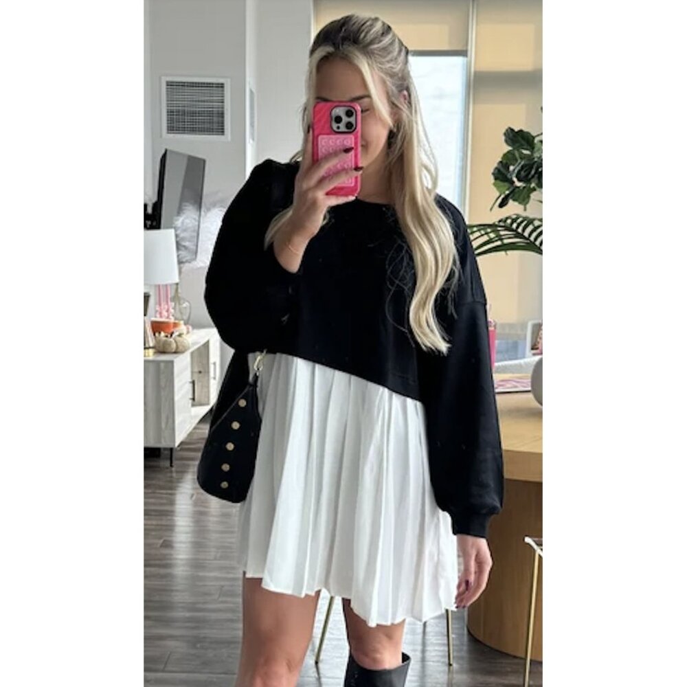 Black and White Pleated Mini Skirt Dress - Women's Skirt